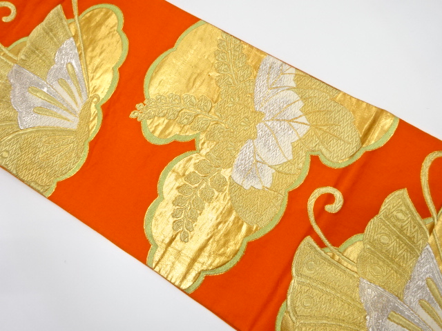 JAPANESE KIMONO / ANTIQUE FUKURO OBI / SILK / WOVEN BUTTERFLY & PAULOWNIA